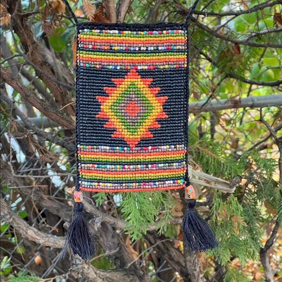 Hand-dyed beads Boho Beaded Purse Satchel Bag Pattern Black Gold diamond 70s - Picture 3 of 9